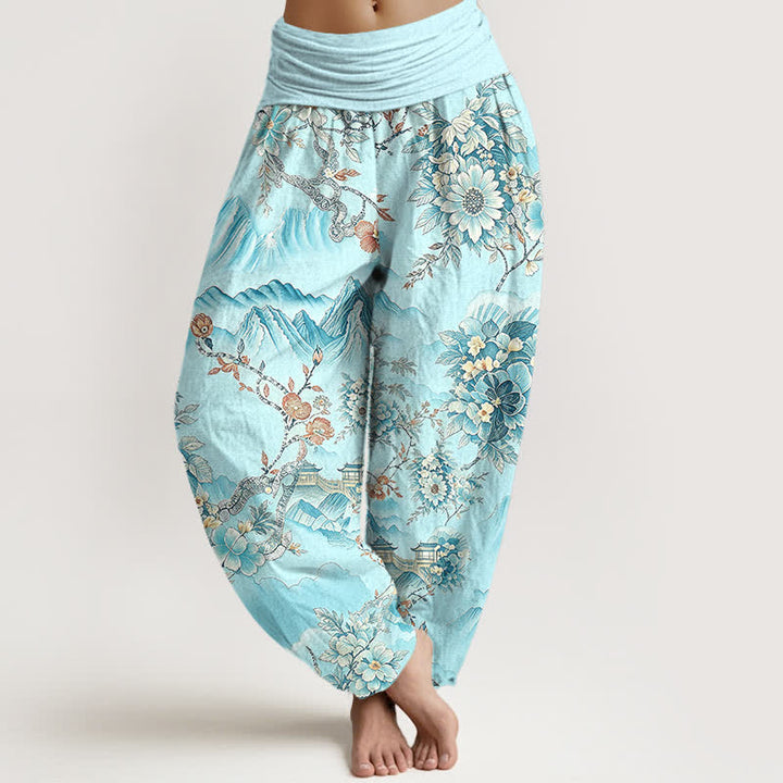 Buddha Stones Pantalon harem pour femme en coton à motif floral oriental et taille élastique - Cyan - US16，UK/AU20，EU48 (3XL) - image 6