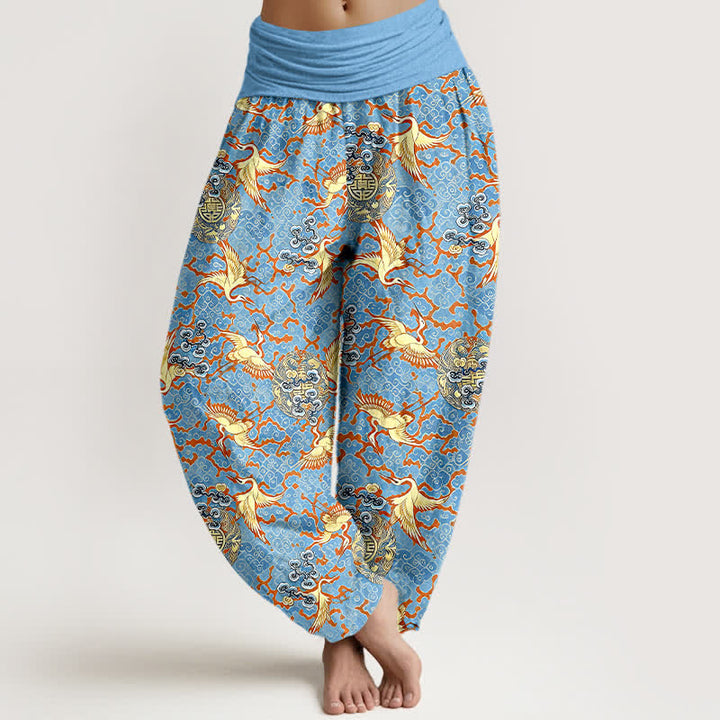 Buddha Stones Pantalon harem pour femme en pur coton blanc à motif de grues et de nuages, taille élastique - Bleu ciel clair - US16，UK/AU20，EU48 (3XL) - image 0
