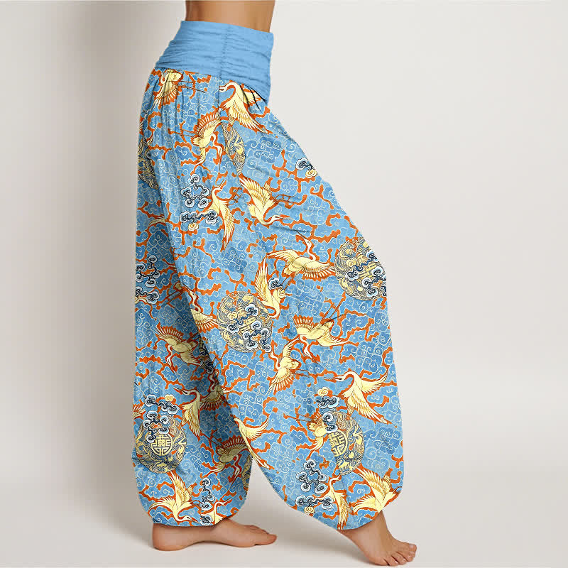 Buddha Stones Pantalon harem pour femme en pur coton blanc à motif de grues et de nuages, taille élastique - image 1