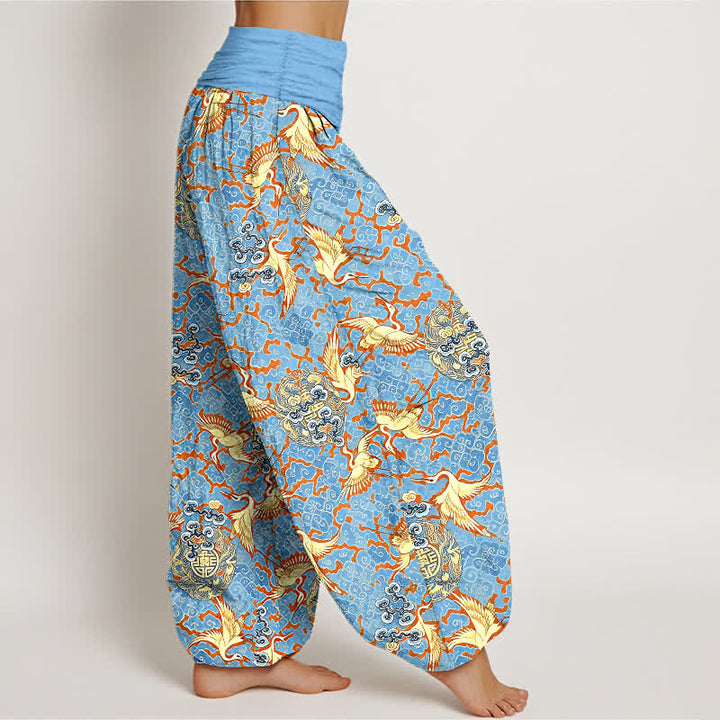 Buddha Stones Pantalon harem pour femme en pur coton blanc à motif de grues et de nuages, taille élastique - image 1