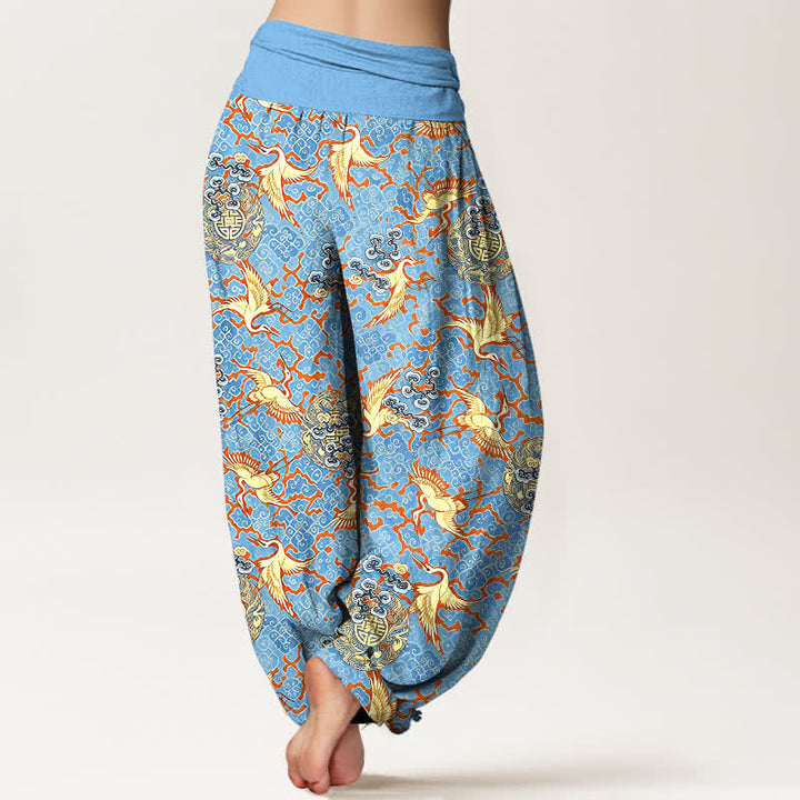 Buddha Stones Pantalon harem pour femme en pur coton blanc à motif de grues et de nuages, taille élastique - image 2