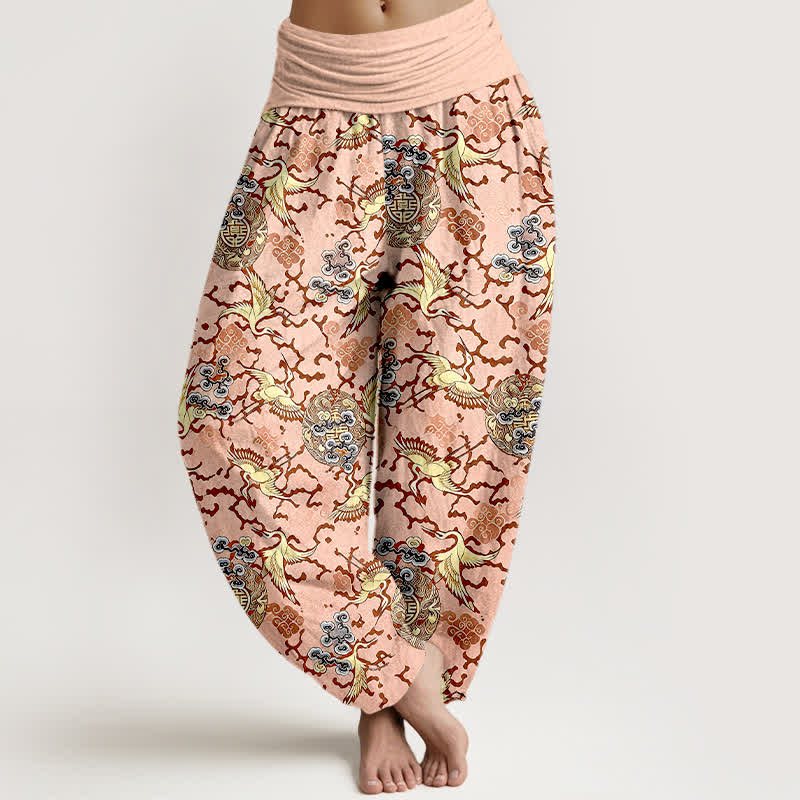 Buddha Stones Pantalon harem pour femme en pur coton blanc à motif de grues et de nuages, taille élastique - MistyRose - US16，UK/AU20，EU48 (3XL) - image 3