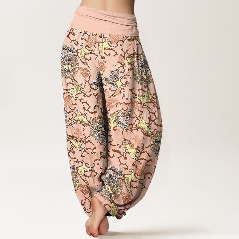 Buddha Stones Pantalon harem pour femme en pur coton blanc à motif de grues et de nuages, taille élastique - image 5