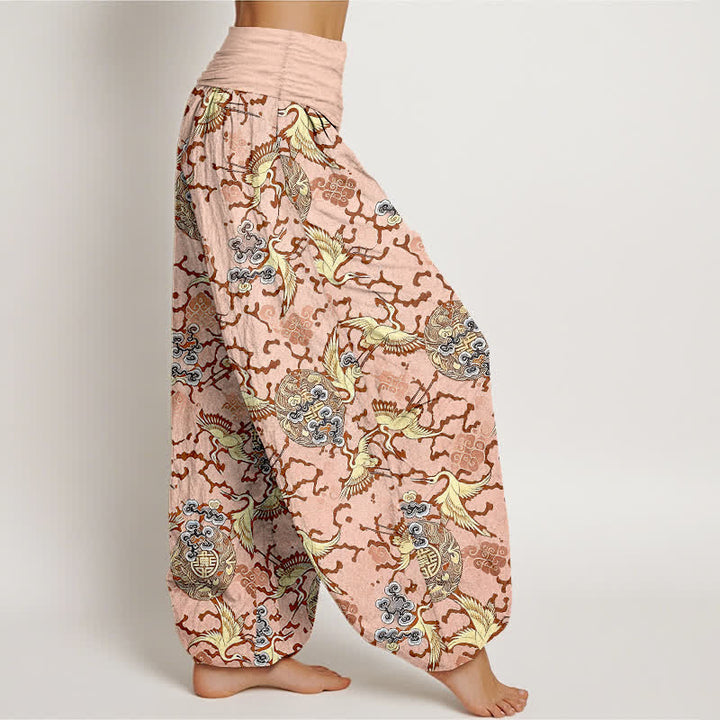 Buddha Stones Pantalon harem pour femme en pur coton blanc à motif de grues et de nuages, taille élastique - image 4