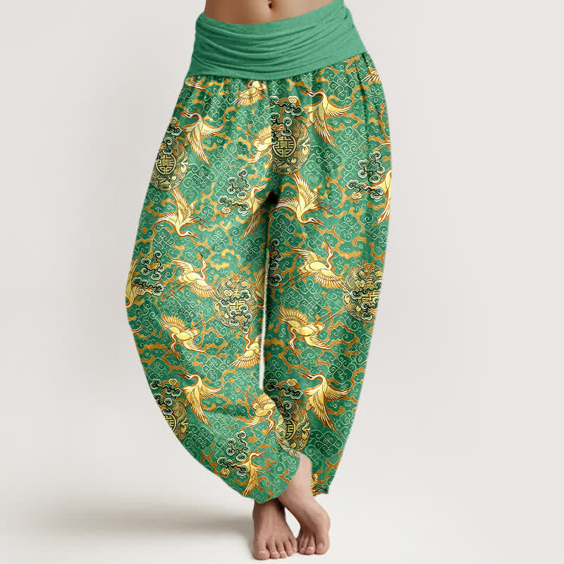 Buddha Stones Pantalon harem pour femme en pur coton blanc à motif de grues et de nuages, taille élastique - Vert mer moyen - US16，UK/AU20，EU48 (3XL) - image 6