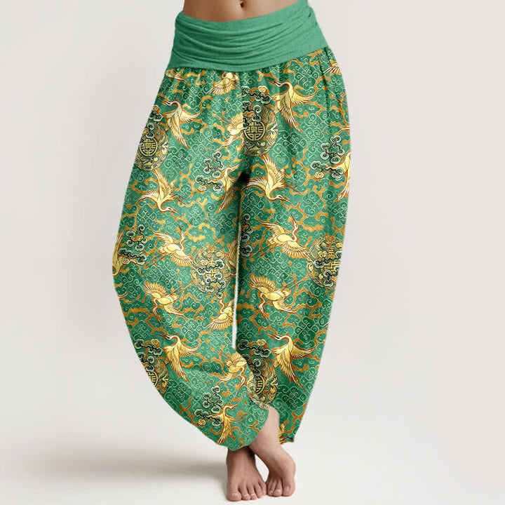 Buddha Stones Pantalon harem pour femme en pur coton blanc à motif de grues et de nuages, taille élastique - Vert mer moyen - US16，UK/AU20，EU48 (3XL) - image 6