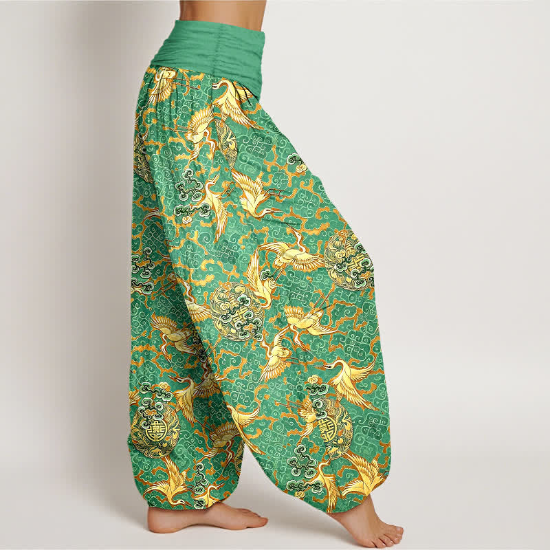Buddha Stones Pantalon harem pour femme en pur coton blanc à motif de grues et de nuages, taille élastique - image 7