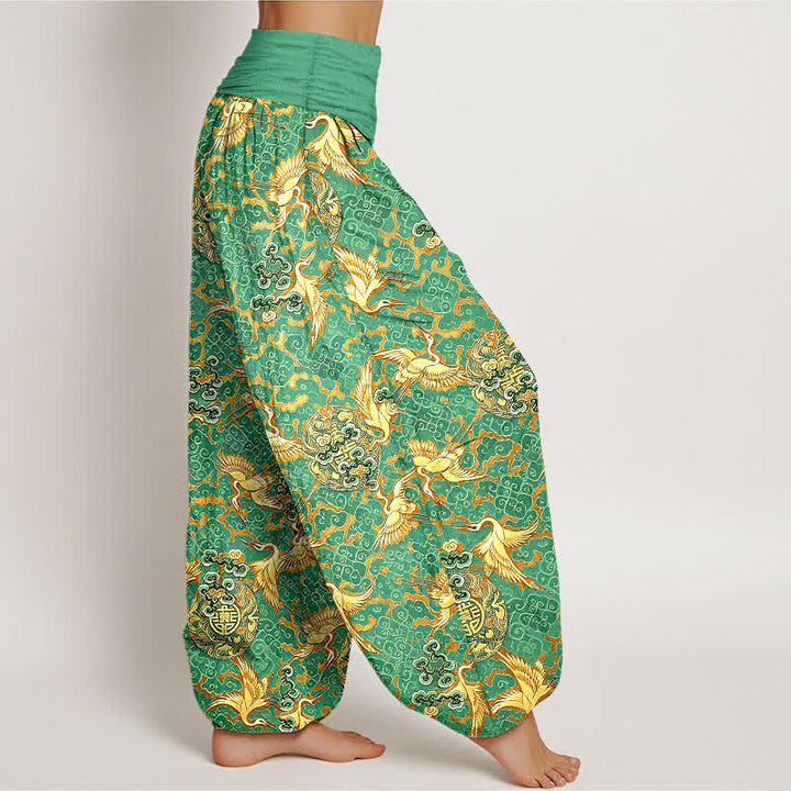 Buddha Stones Pantalon harem pour femme en pur coton blanc à motif de grues et de nuages, taille élastique - image 7