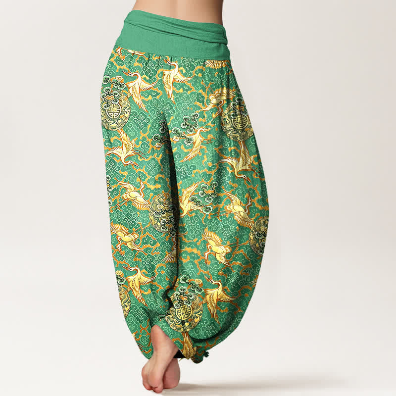 Buddha Stones Pantalon harem pour femme en pur coton blanc à motif de grues et de nuages, taille élastique - image 8