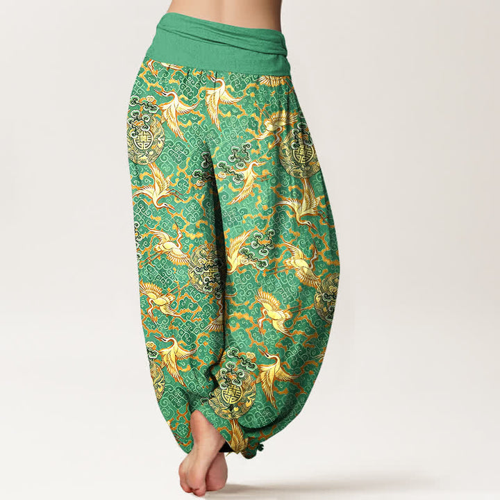 Buddha Stones Pantalon harem pour femme en pur coton blanc à motif de grues et de nuages, taille élastique - image 8