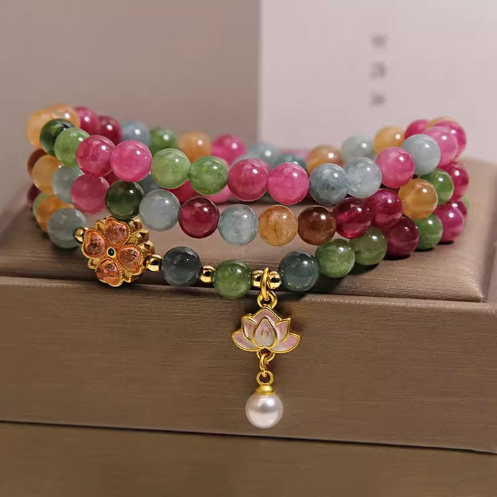 Buddha Stones Bracelet à breloques triple tourmaline arc-en-ciel et lotus sageté - Tourmaline (Protection ♥ Guérison) - image 0