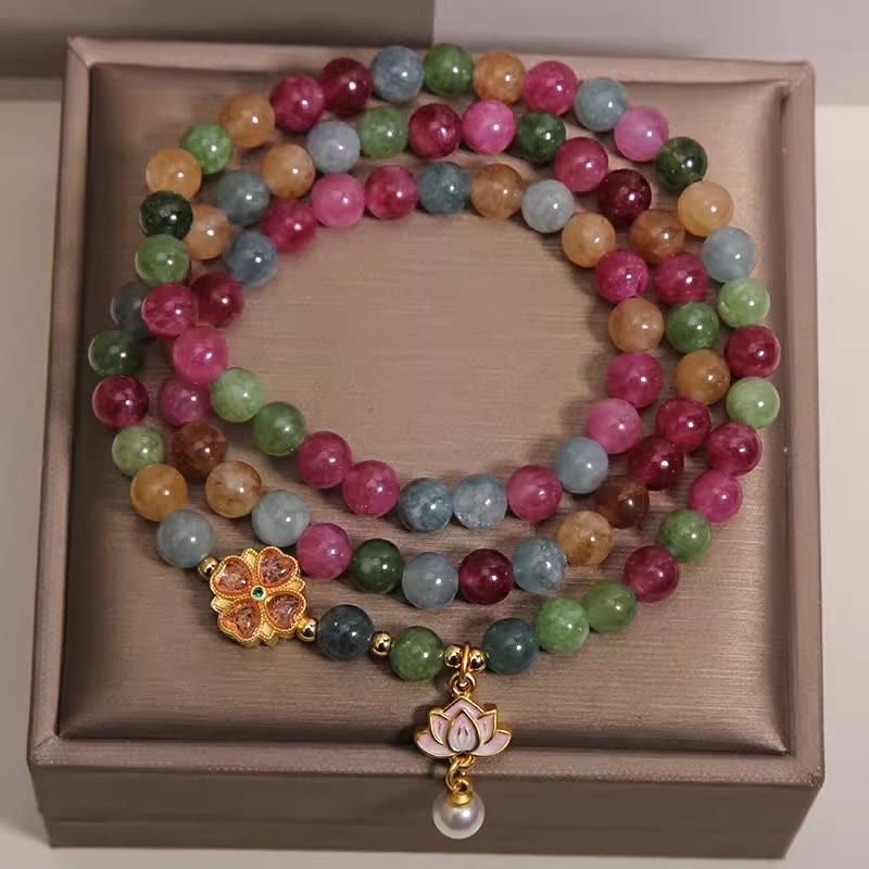 Buddha Stones Bracelet à breloques triple tourmaline arc-en-ciel et lotus sageté - image 1