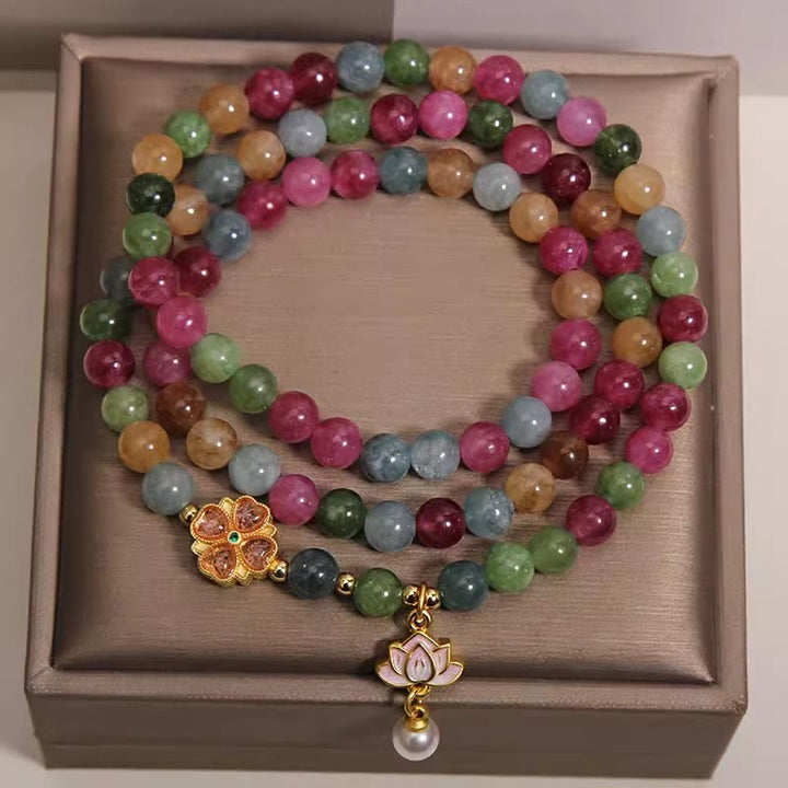 Buddha Stones Bracelet à breloques triple tourmaline arc-en-ciel et lotus sageté - image 1