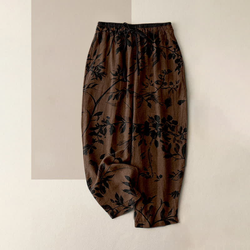Buddha Stones Pantalon pour femme en pur coton noir à motif botanique de feuilles, taille élastique et poches - SaddleBrown - US16，UK/AU20，EU48 (3XL) - image 0