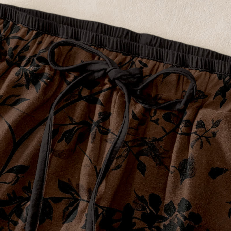 Buddha Stones Pantalon pour femme en pur coton noir à motif botanique de feuilles, taille élastique et poches - image 1