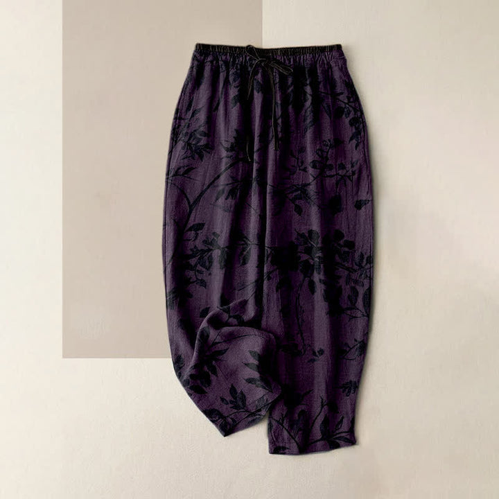 Buddha Stones Pantalon pour femme en pur coton noir à motif botanique de feuilles, taille élastique et poches - Violet - US16，UK/AU20，EU48 (3XL) - image 4