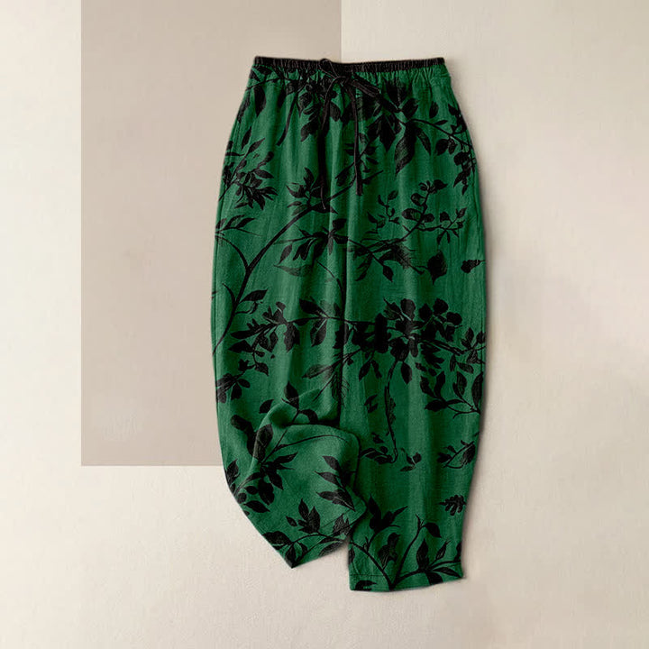 Buddha Stones Pantalon pour femme en pur coton noir à motif botanique de feuilles, taille élastique et poches - Vert forêt - US16，UK/AU20，EU48 (3XL) - image 5