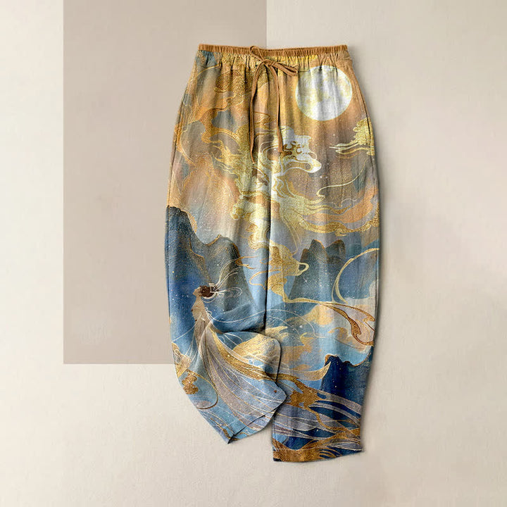 Buddha Stones Pantalon pour femme en pur coton avec taille élastique et poches, motif paysage féerique de lune dorée et de nuages. - Blé - US16，UK/AU20，EU48 (3XL) - image 0