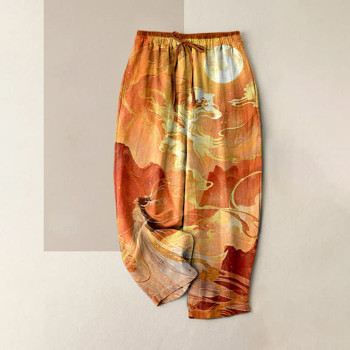Buddha Stones Pantalon pour femme en pur coton avec taille élastique et poches, motif paysage féerique de lune dorée et de nuages. - Orange - US16，UK/AU20，EU48 (3XL) - image 3