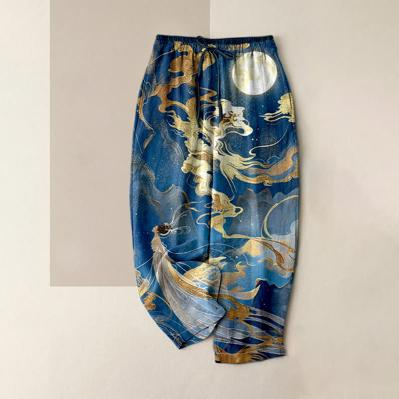 Buddha Stones Pantalon pour femme en pur coton avec taille élastique et poches, motif paysage féerique de lune dorée et de nuages. - Bleu royal - US16，UK/AU20，EU48 (3XL) - image 4