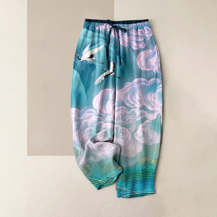 Buddha Stones Pantalon pour femme en pur coton, motif dégradé de nuages ​​et grues volantes, taille élastique et poches - Turquoise - US16，UK/AU20，EU48 (3XL) - image 0