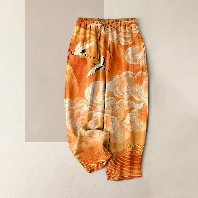Buddha Stones Pantalon pour femme en pur coton, motif dégradé de nuages ​​et grues volantes, taille élastique et poches - Orange - US16，UK/AU20，EU48 (3XL) - image 3