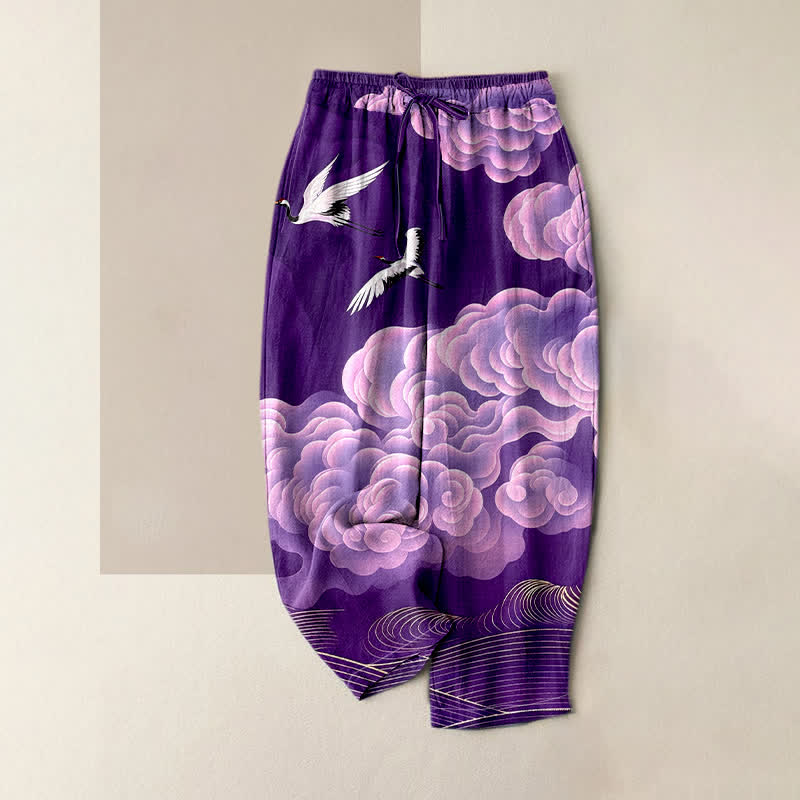 Buddha Stones Pantalon pour femme en pur coton, motif dégradé de nuages ​​et grues volantes, taille élastique et poches - Violet - US16，UK/AU20，EU48 (3XL) - image 4