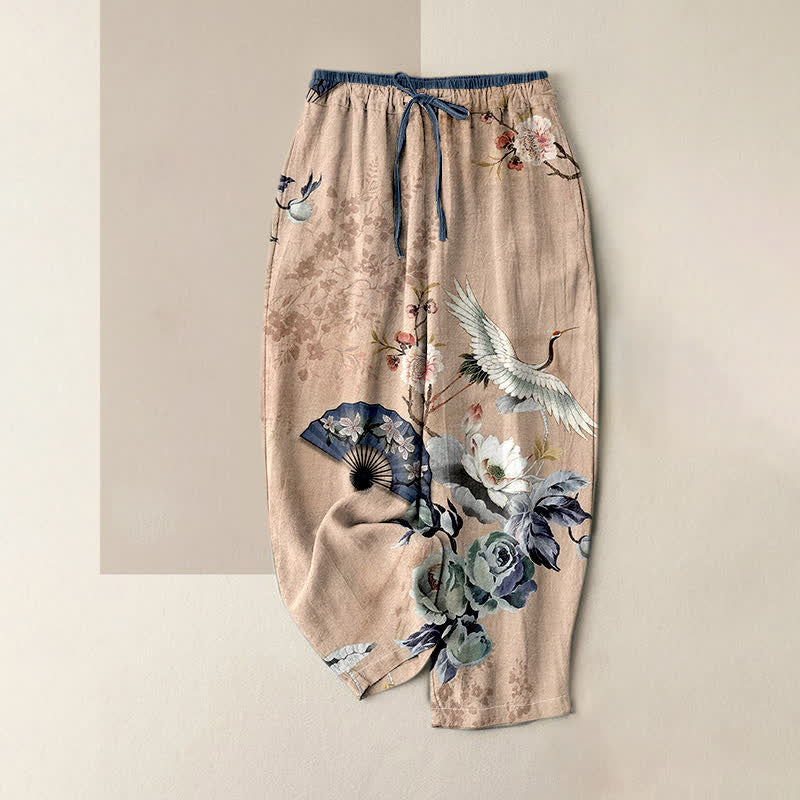 Buddha Stones Pantalon pour femme en pur coton, motif éventail de grues orientales, taille élastique et poches - Blé - US16，UK/AU20，EU48 (3XL) - image 0