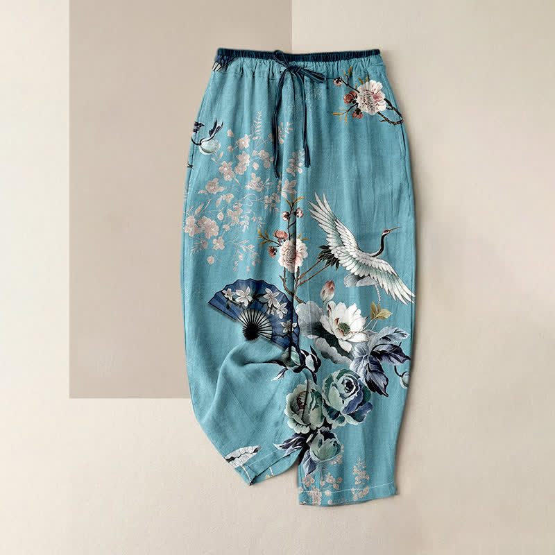 Buddha Stones Pantalon pour femme en pur coton, motif éventail de grues orientales, taille élastique et poches - Bleu ciel - US16，UK/AU20，EU48 (3XL) - image 3