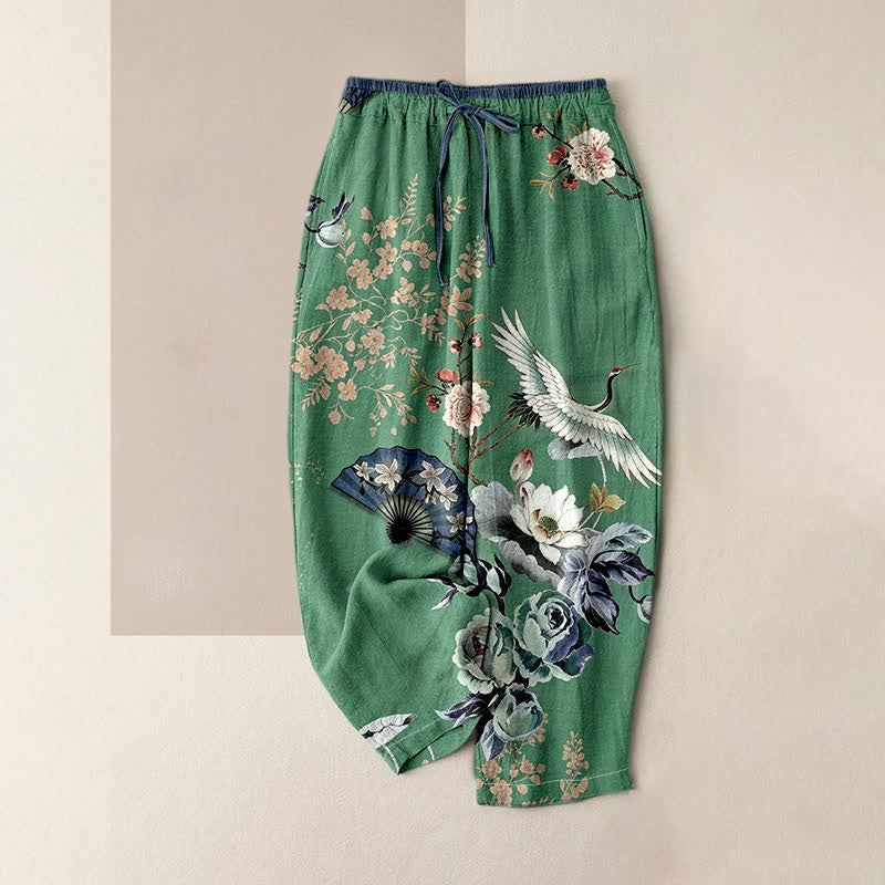 Buddha Stones Pantalon pour femme en pur coton, motif éventail de grues orientales, taille élastique et poches - Vert d'eau - US16，UK/AU20，EU48 (3XL) - image 4