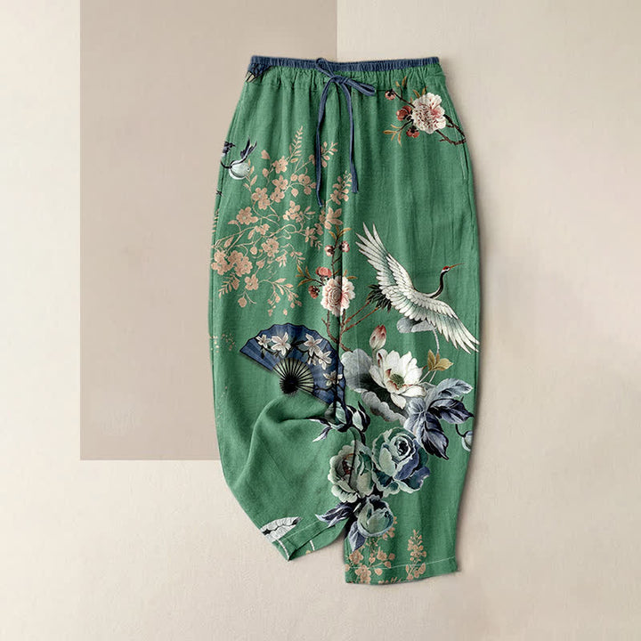 Buddha Stones Pantalon pour femme en pur coton, motif éventail de grues orientales, taille élastique et poches - Vert d'eau - US16，UK/AU20，EU48 (3XL) - image 4