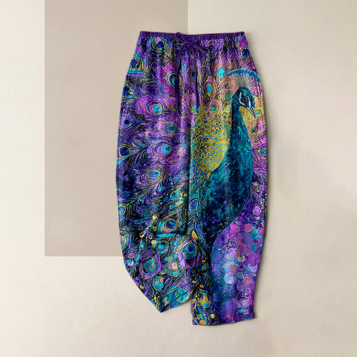 Buddha Stones Pantalon pour femme en pur coton à motif de plumes de paon, taille élastique et poches - BleuViolet - US16，UK/AU20，EU48 (3XL) - image 0