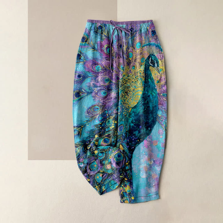 Buddha Stones Pantalon pour femme en pur coton à motif de plumes de paon, taille élastique et poches - Bleu ciel clair - US16，UK/AU20，EU48 (3XL) - image 4