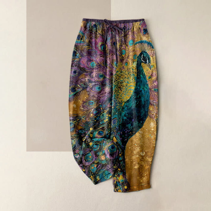 Buddha Stones Pantalon pour femme en pur coton à motif de plumes de paon, taille élastique et poches - verge d'or - US16，UK/AU20，EU48 (3XL) - image 5