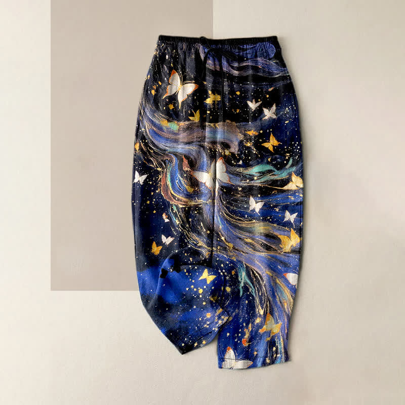 Buddha Stones Pantalon pour femme en coton à motif de ruban papillon étoilé et taille élastique avec poches - Bleu nuit - US16，UK/AU20，EU48 (3XL) - image 0