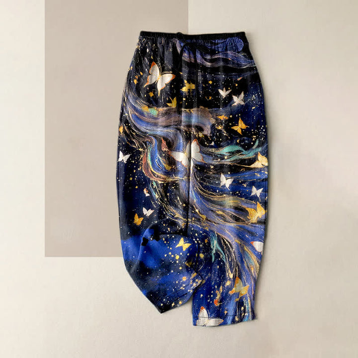 Buddha Stones Pantalon pour femme en coton à motif de ruban papillon étoilé et taille élastique avec poches - Bleu nuit - US16，UK/AU20，EU48 (3XL) - image 0