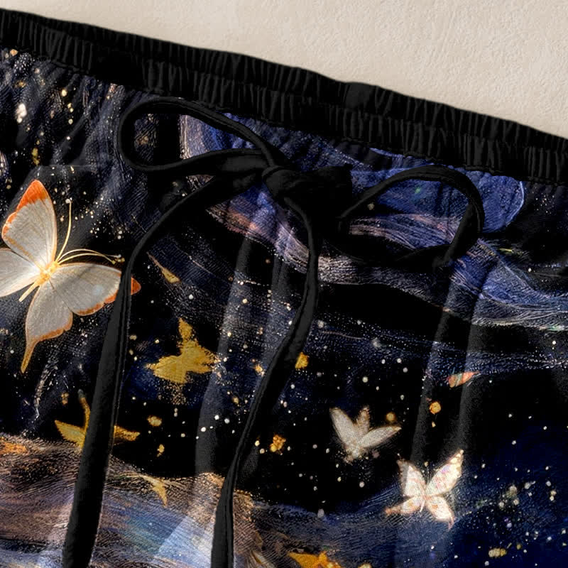 Buddha Stones Pantalon pour femme en coton à motif de ruban papillon étoilé et taille élastique avec poches - image 1