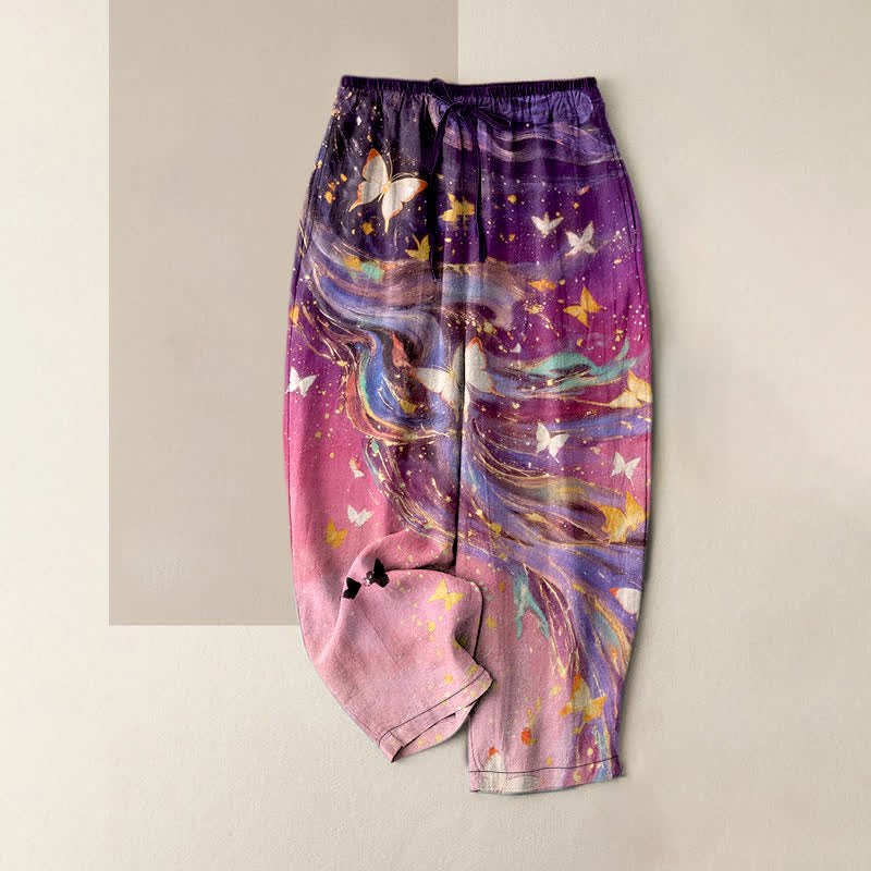 Buddha Stones Pantalon pour femme en coton à motif de ruban papillon étoilé et taille élastique avec poches - Violet - US16，UK/AU20，EU48 (3XL) - image 4