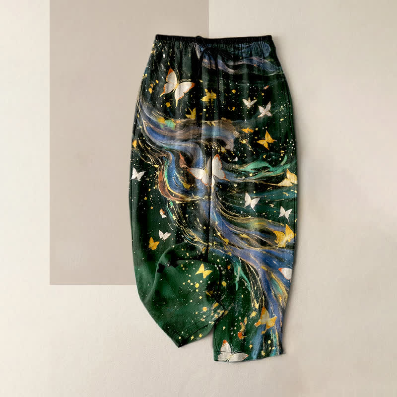 Buddha Stones Pantalon pour femme en coton à motif de ruban papillon étoilé et taille élastique avec poches - Vert foncé - US16，UK/AU20，EU48 (3XL) - image 5
