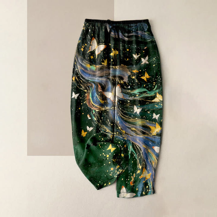 Buddha Stones Pantalon pour femme en coton à motif de ruban papillon étoilé et taille élastique avec poches - Vert foncé - US16，UK/AU20，EU48 (3XL) - image 5
