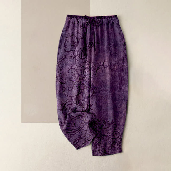 Buddha Stones Pantalon pour femme en velours de coton à motif de volutes et de vignes, taille élastique et poches - Violet - US16，UK/AU20，EU48 (3XL) - image 0