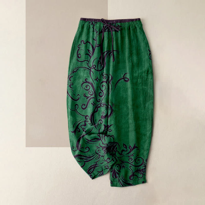 Buddha Stones Pantalon pour femme en velours de coton à motif de volutes et de vignes, taille élastique et poches - Vert forêt - US16，UK/AU20，EU48 (3XL) - image 4