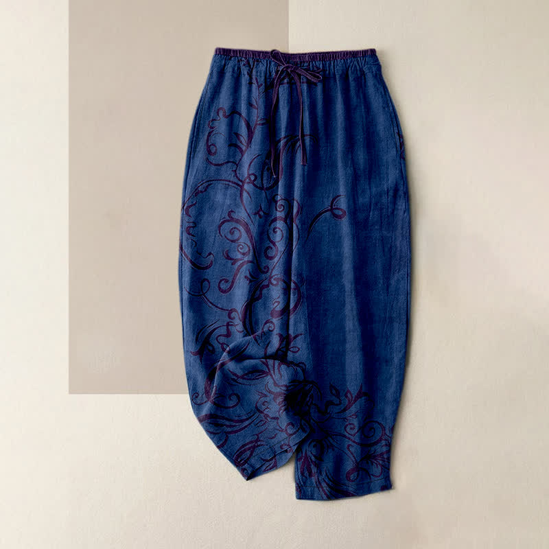Buddha Stones Pantalon pour femme en velours de coton à motif de volutes et de vignes, taille élastique et poches - Marine - US16，UK/AU20，EU48 (3XL) - image 5