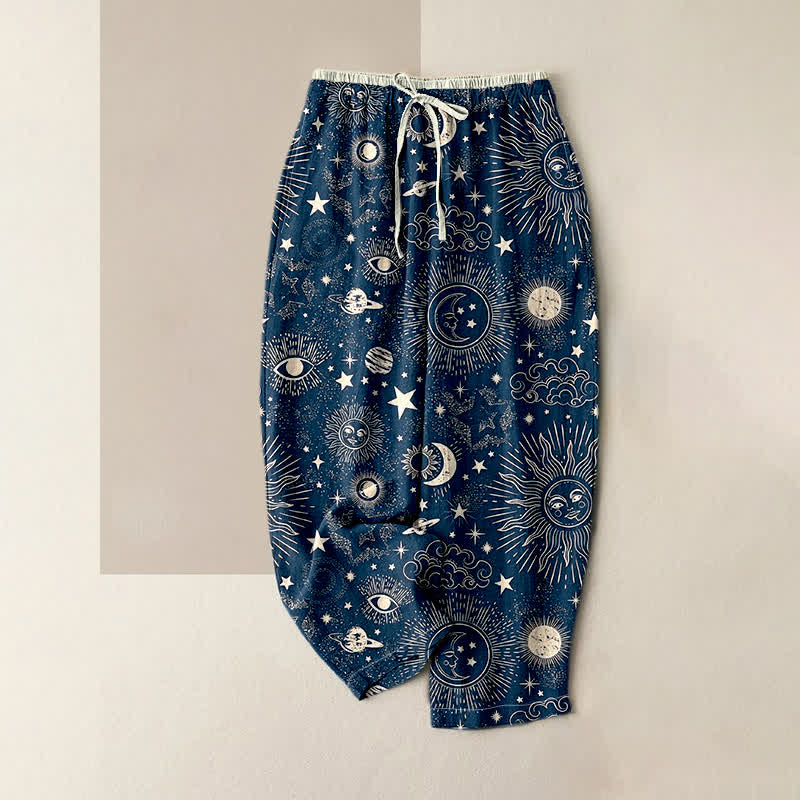 Buddha Stones Pantalon pour femme en pur coton, à taille élastique et poches, motif soleil, lune et étoiles célestes - Marine - US16，UK/AU20，EU48 (3XL) - image 0