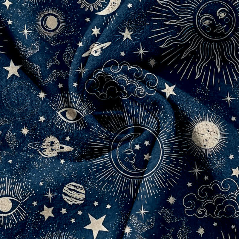 Buddha Stones Pantalon pour femme en pur coton, à taille élastique et poches, motif soleil, lune et étoiles célestes - image 2