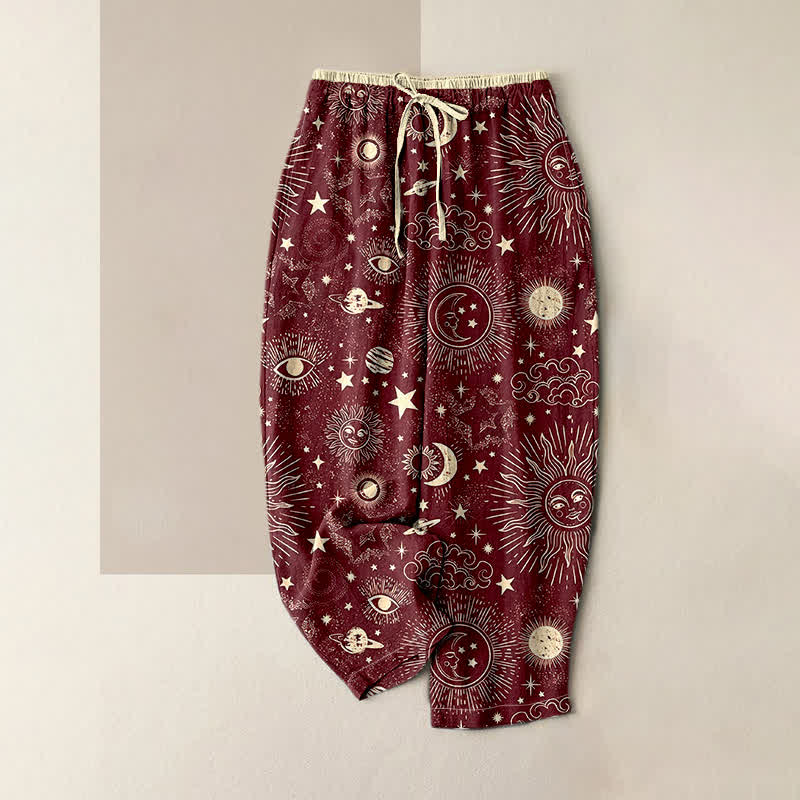 Buddha Stones Pantalon pour femme en pur coton, à taille élastique et poches, motif soleil, lune et étoiles célestes - Rouge foncé - US16，UK/AU20，EU48 (3XL) - image 3