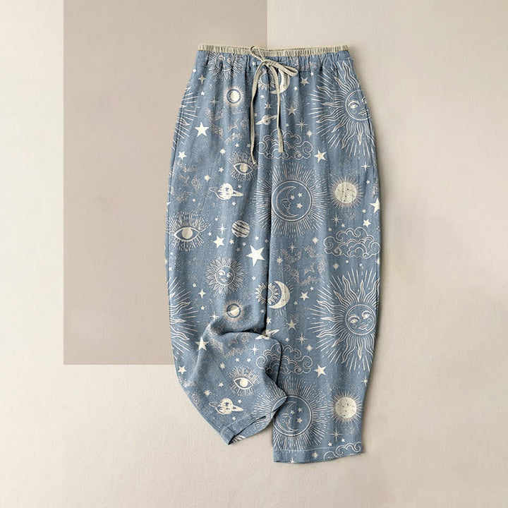 Buddha Stones Pantalon pour femme en pur coton, à taille élastique et poches, motif soleil, lune et étoiles célestes - Bleu acier clair - US16，UK/AU20，EU48 (3XL) - image 4