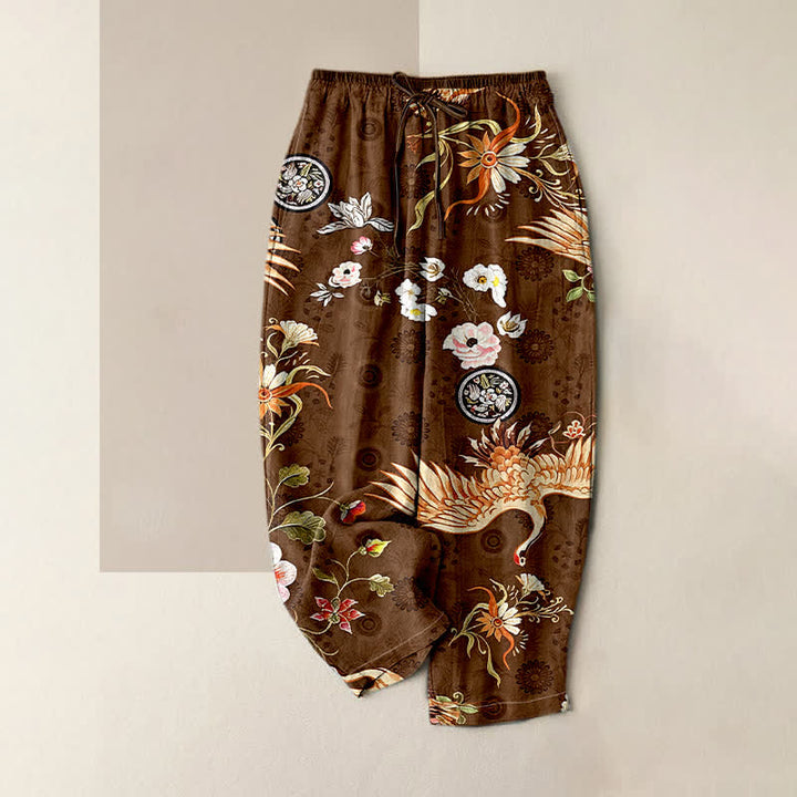 Buddha Stones Pantalon pour femme en pur coton blanc à motif floral et médaillon de grues, taille élastique et poches - Terre de sienne - US16，UK/AU20，EU48 (3XL) - image 0