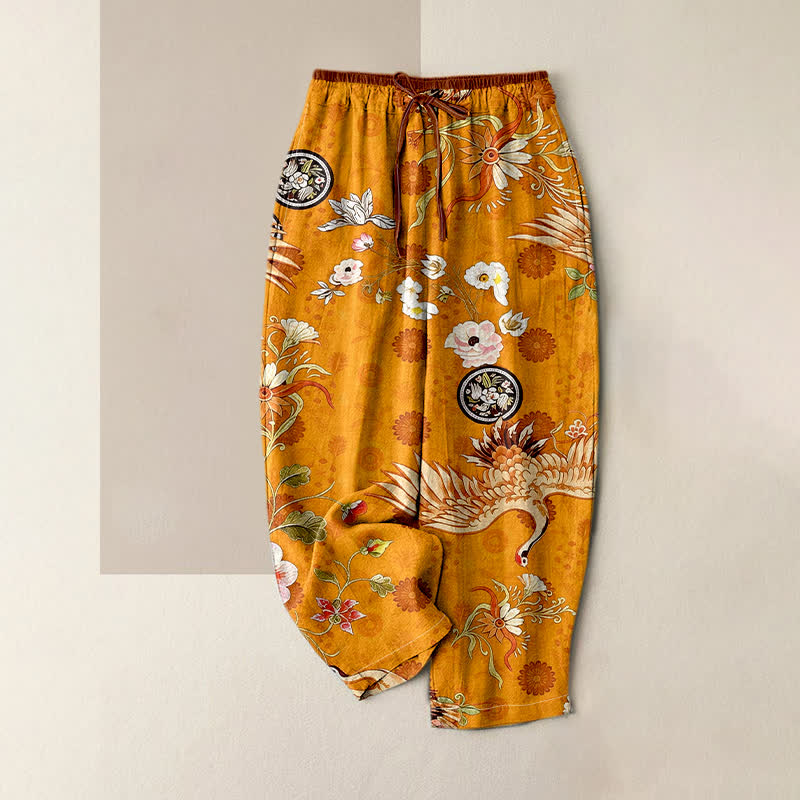 Buddha Stones Pantalon pour femme en pur coton blanc à motif floral et médaillon de grues, taille élastique et poches - verge d'or - US16，UK/AU20，EU48 (3XL) - image 3