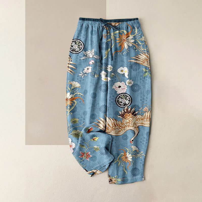 Buddha Stones Pantalon pour femme en pur coton blanc à motif floral et médaillon de grues, taille élastique et poches - SteelBlue - US16，UK/AU20，EU48 (3XL) - image 4